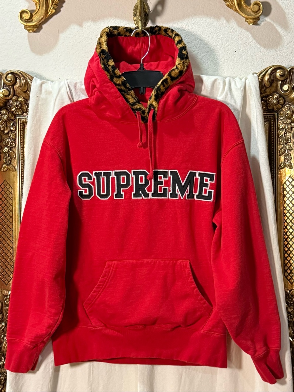 Supreme Red Leopard Trim Hooded Sweatshirt Small 48B